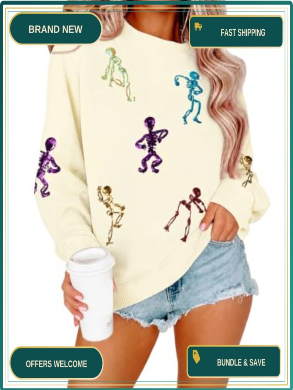 Women's Sequin Skeleton Sweatshirt Crewneck Pullover